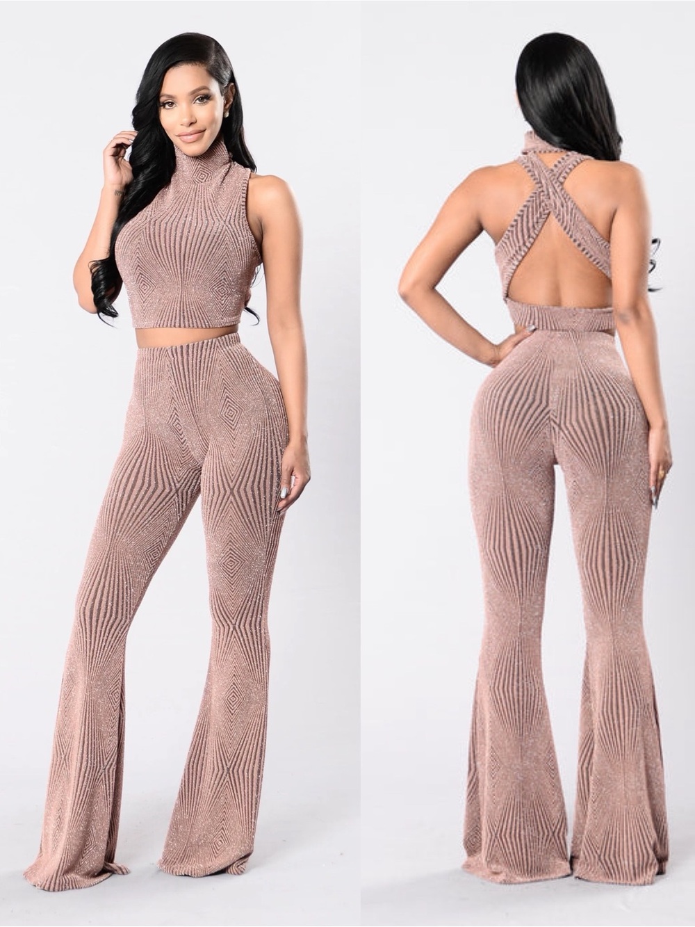 Fashion Nova Taupe Ribbed High-Neck Flared Pants & Halter Top | Altered | S
